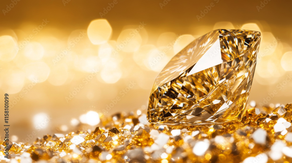sparkling yellow diamond rests on bed of shimmering golden gems, creating luxurious and elegant atmosphere. brilliance of diamond captures light beautifully, enhancing its allure sparkling yellow diamond rests on bed of shimmering golden gems, creating luxurious and elegant atmosphere. brilliance of diamond captures light beautifully, enhancing its allure