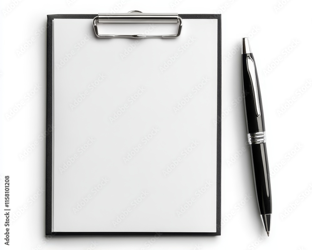 Blank Clipboard with Pen on White Background for Document Preparation Blank Clipboard with Pen on White Background for Document Preparation
