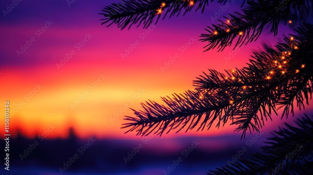 Obraz premium Silhouetted pine branch with fairy lights against a vibrant sunset.