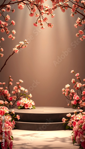 Elegant Podium Surrounded by Blossoming Flowers, cinematic, with white tones