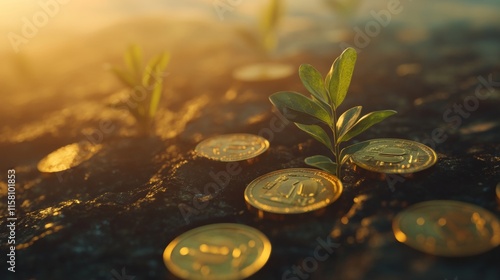 Financial Growth Concept with Plants Growing on Gold Coins Against a Global Background - ai
