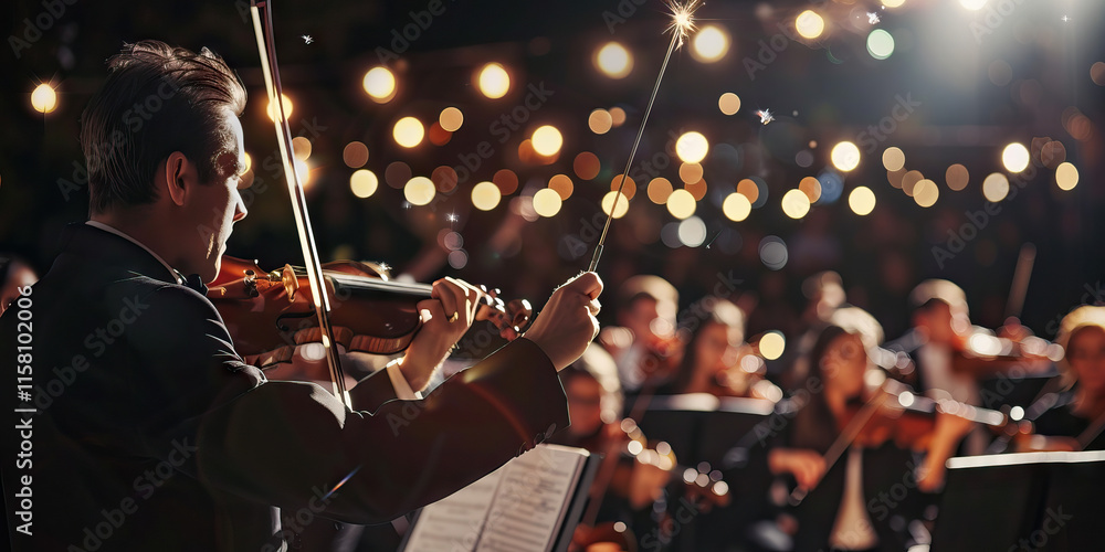 Fototapeta premium Violinist Conducting Orchestra with Sparklers