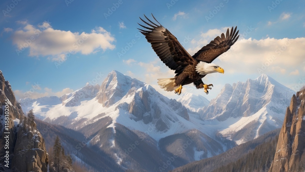 Obraz premium Bald Eagle Soaring Against a Mountain Backdrop