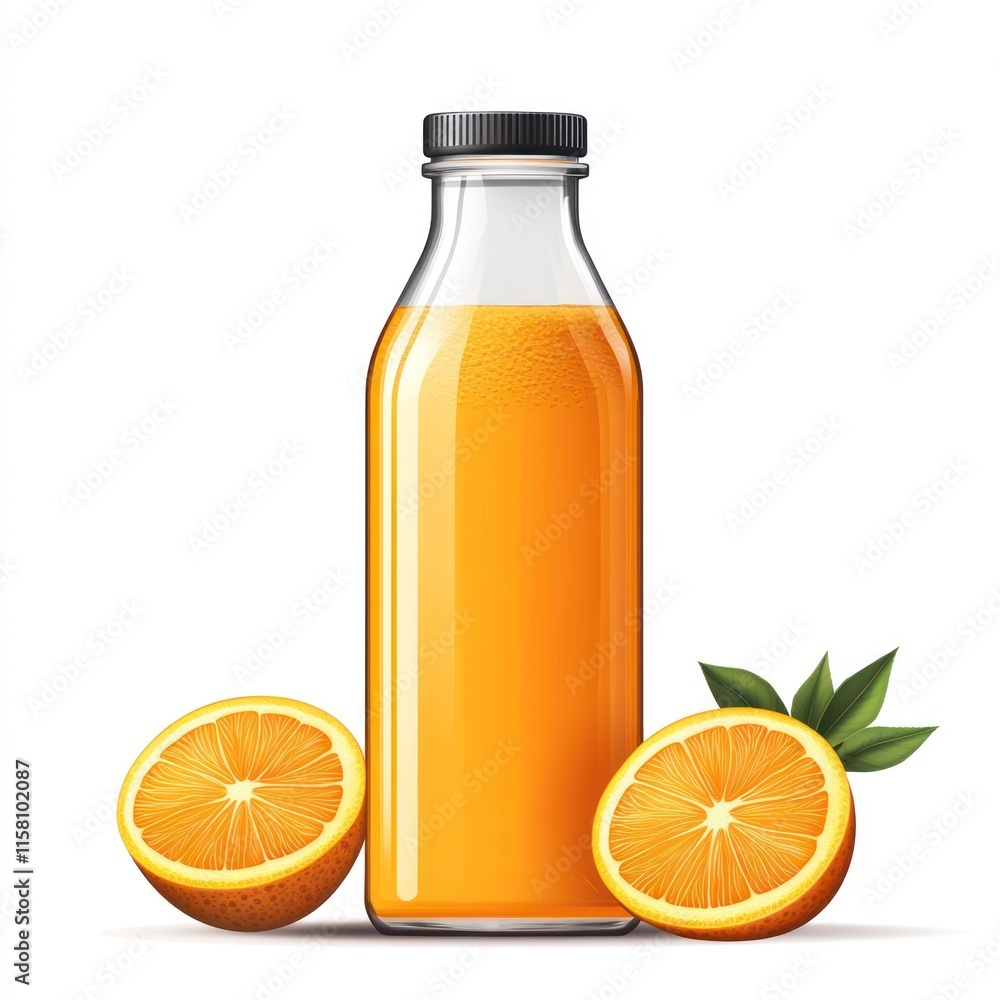 Glass bottle of fresh orange juice with two orange halves. Glass bottle of fresh orange juice with two orange halves.