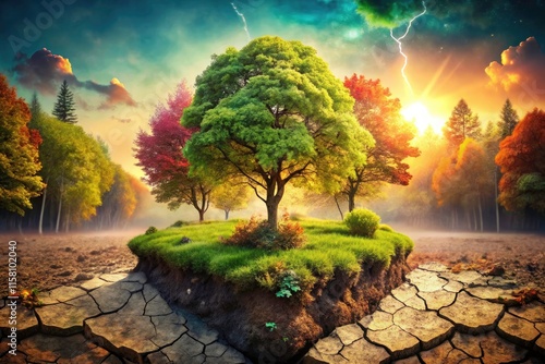 Double Exposure Earth Rebirth: Nature's Renewal, Environmental Regeneration, Planet Restoration photo