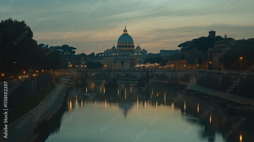 Obraz premium St. Peter's Basilica at twilight, reflected in the Tiber River.
