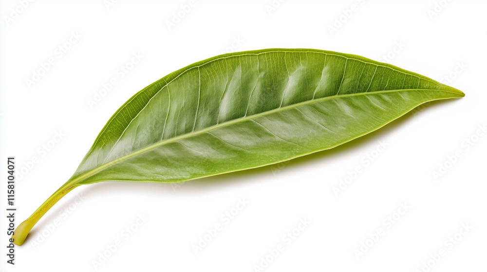 Obraz premium Minimalist single green leaf on a plain white background, showcasing natural texture and details, isolated nature concept for simplicity and purity.