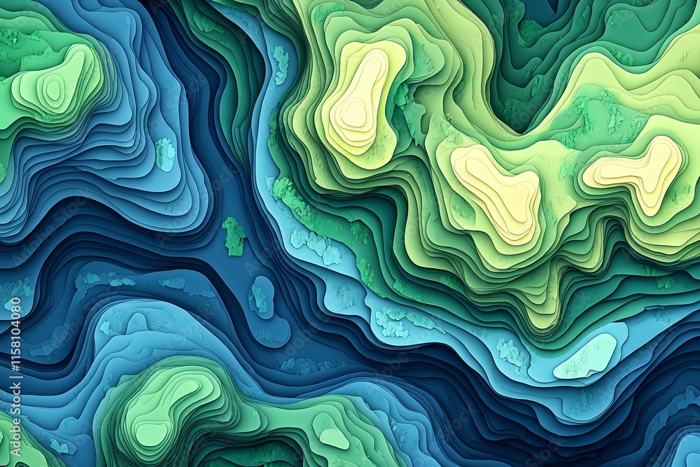 Abstract topographic design with layered green and blue contours resembling a landscape. Abstract topographic design with layered green and blue contours resembling a landscape.