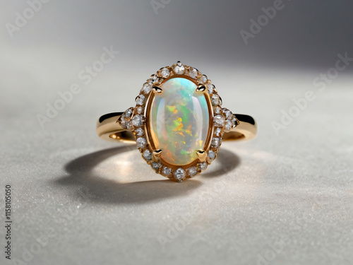 A beautiful wedding ring featuring a central white opal