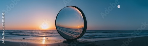 A mesmerizing time portal on the beach with sunset glowing on the left and the moonlit night on the right, symbolizing the transition between day and night in a stunning real-life scene.