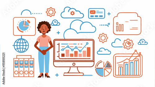 Data Analytics Concept with Female Analyst and Graphical Elements