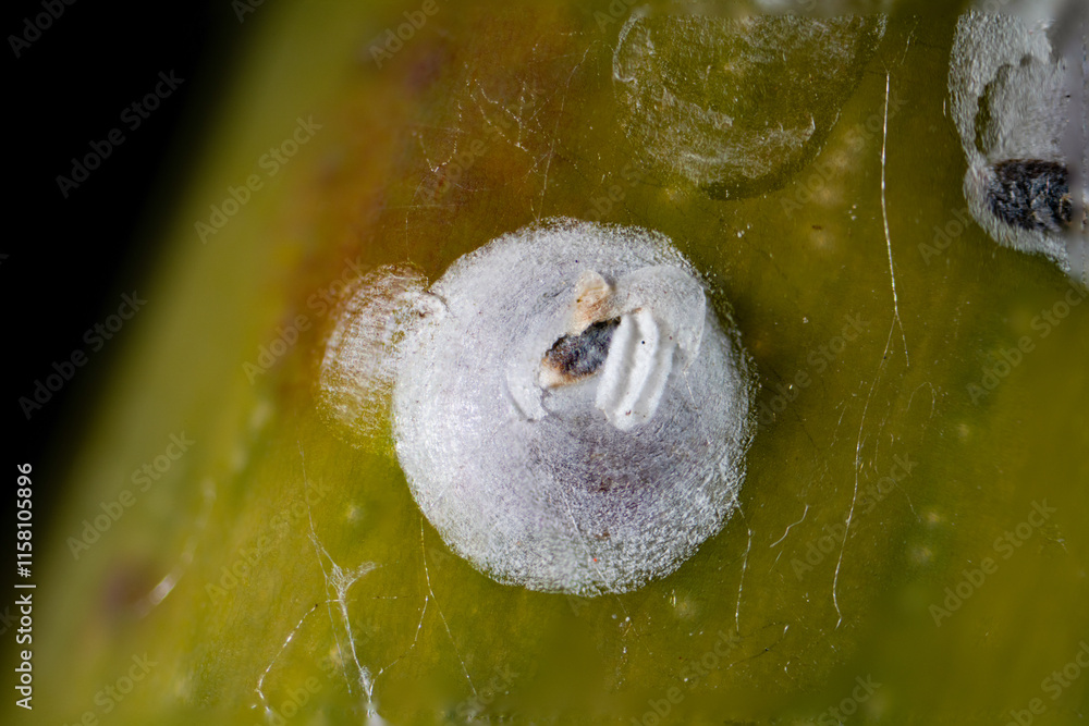 Rose scale insect (Aulacaspis rosae) on rose shoot in Japan in winter