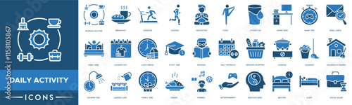 Daily Activity icon. Morning Routine, Breakfast, Exercise, Jogging and Meditation