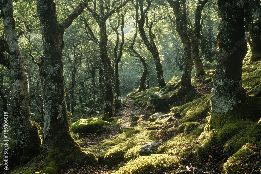 Sun-dappled path through mossy forest, ancient trees arch overhead. Ideal for nature, tranquility, and environmental themes. Sun-dappled path through mossy forest, ancient trees arch overhead. Ideal for nature, tranquility, and environmental themes.