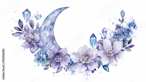 Fototapeta Naklejka Na Ścianę i Meble -  Watercolor fairytale moon crescent crystals flowers white background aerial. Crescent. Illustration