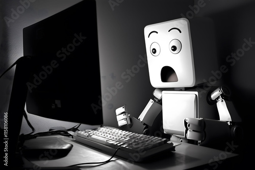 A robot is sitting at a computer with a surprised face