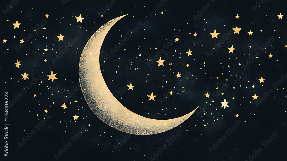 Whimsical nursery decor with crescent moon and gold stars generative ai. Crescent. Illustration Whimsical nursery decor with crescent moon and gold stars generative ai. Crescent. Illustration