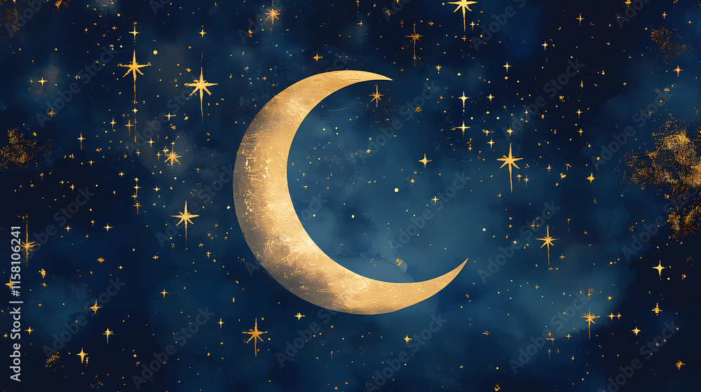 Naklejka premium Whimsical nursery decor with crescent moon and gold stars generative ai. Crescent. Illustration