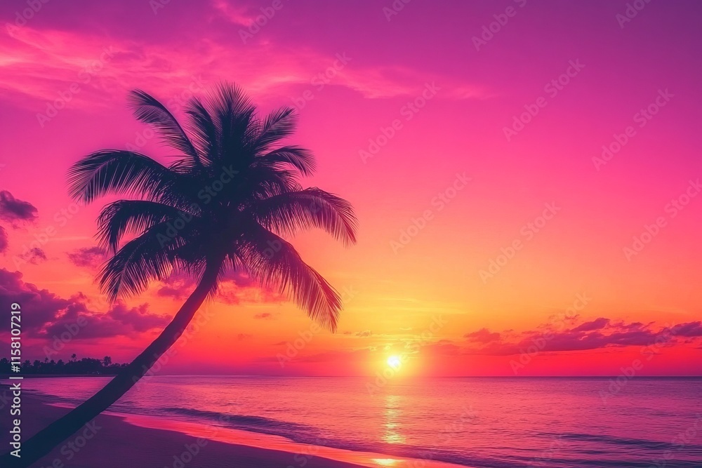 Vibrant sunset over a tropical beach with a silhouetted palm tree. Vibrant sunset over a tropical beach with a silhouetted palm tree.