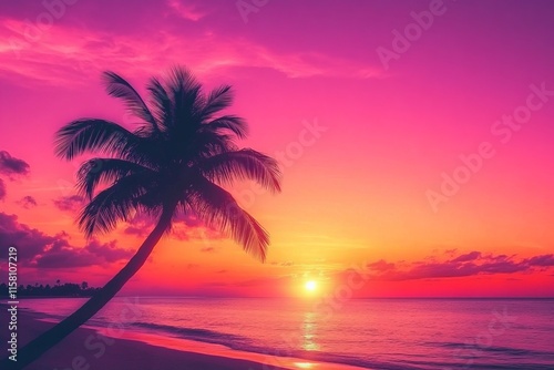 Vibrant sunset over a tropical beach with a silhouetted palm tree.