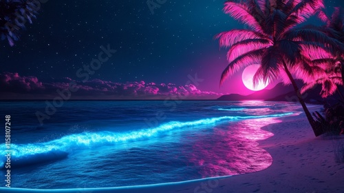 Luminous tropical beach at night, glowing blue ocean waves and pink neon palm trees, surreal futuristic landscape, vaporwave-inspired art
