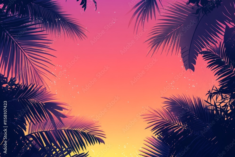 Obraz premium Tropical sunset silhouette with palm leaves.