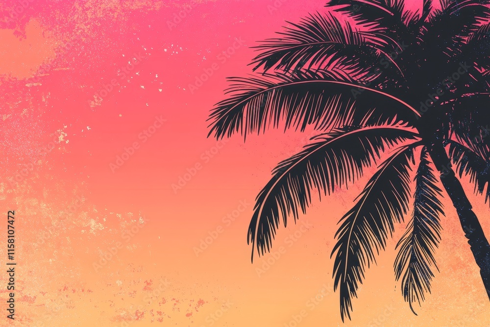 Fototapeta premium Silhouette of palm tree against a vibrant pink and orange sunset sky.