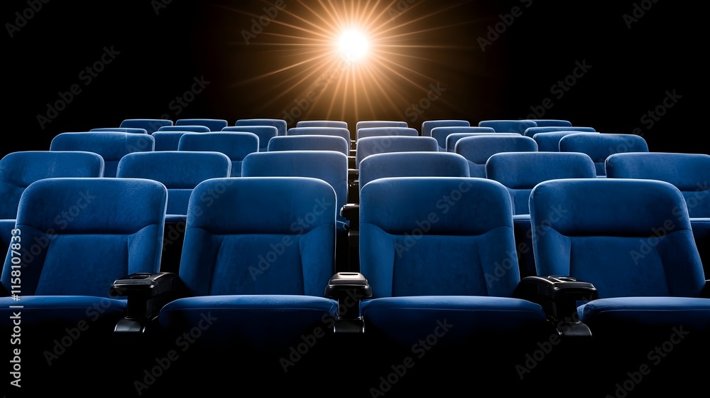 Obraz premium Illuminated Empty Blue Cinema Seats in a Theater with Spotlight in the Background Creating a Dramatic Atmosphere