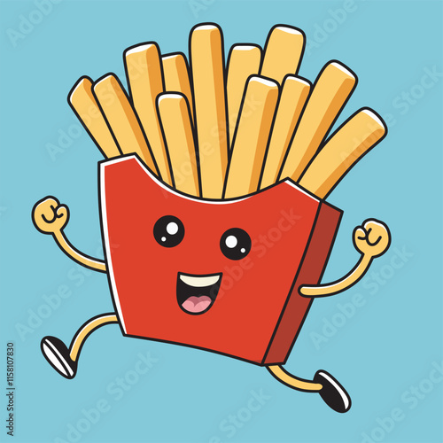 Cute french fries in a red box jumping for joy.