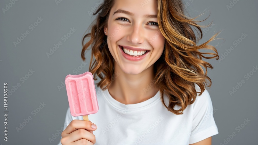 Cheerful Young Woman Enjoying a Pink Ice Cream Popsicle in Casual Attire Cheerful Young Woman Enjoying a Pink Ice Cream Popsicle in Casual Attire