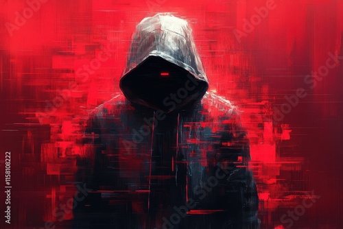 Mysterious figure in a dark hoodie against a vibrant red abstract background, creating an atmosphere of intrigue and suspense with digital art elements