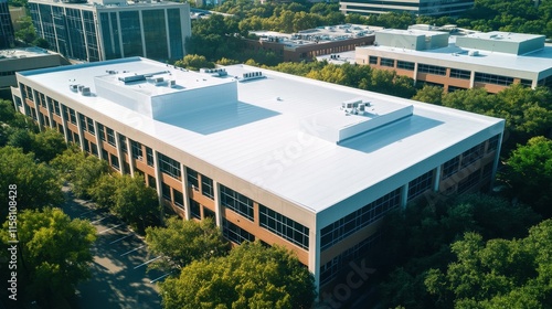 Aerial view of a commercial building with a flat, white roof. Ideal for real estate, construction, or roofing projects.