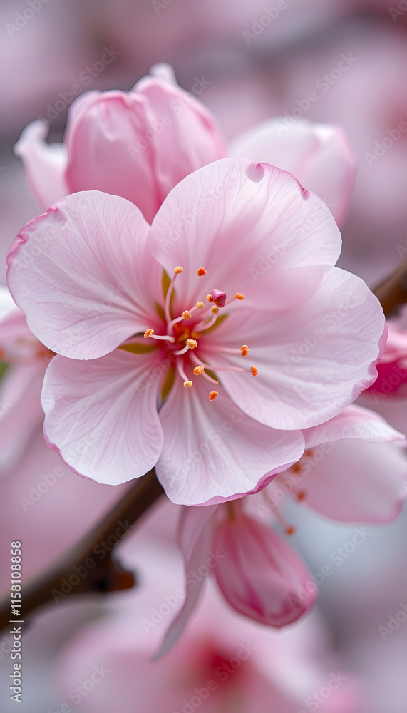 Detailed shot of a blooming cherry blossom with soft pink petals and fine details, capturing the fleeting beauty of spring, magazine photoshoot, with white tones Detailed shot of a blooming cherry blossom with soft pink petals and fine details, capturing the fleeting beauty of spring, magazine photoshoot, with white tones