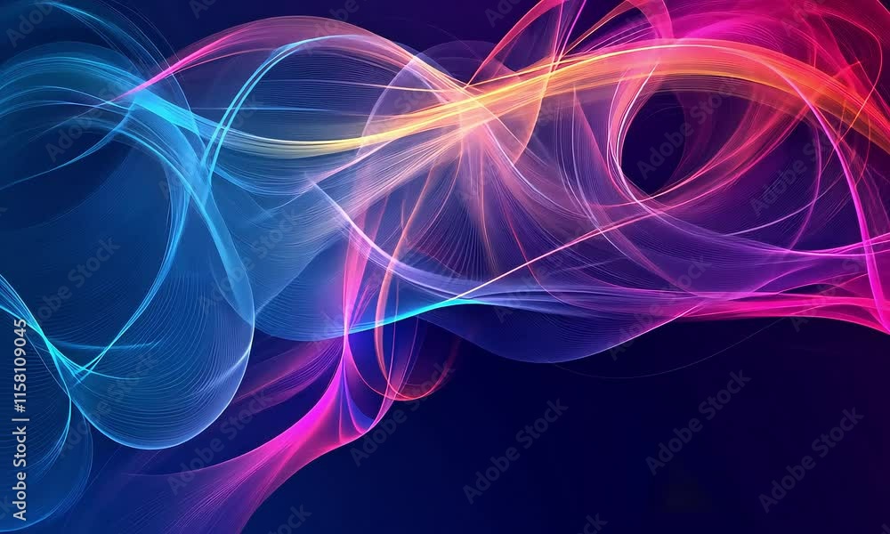 Abstract colorful flowing lines on dark background.