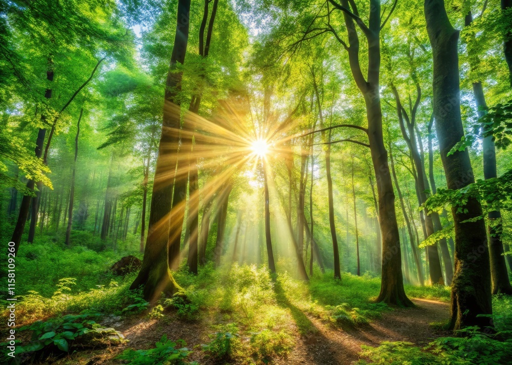 Fototapeta premium Peaceful Forest Sunlight Rays, Green Leaves, Deep Depth of Field, Nature Photography, High Resolution Image