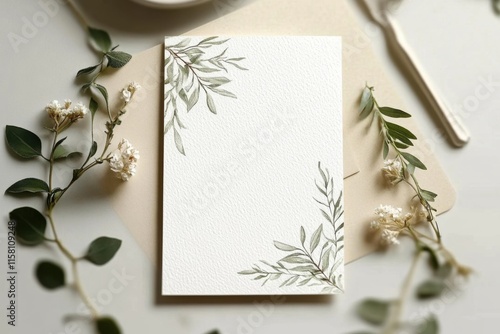 Wedding invitation card mockup with natural sage twigs. Blank card mockup on beige background.