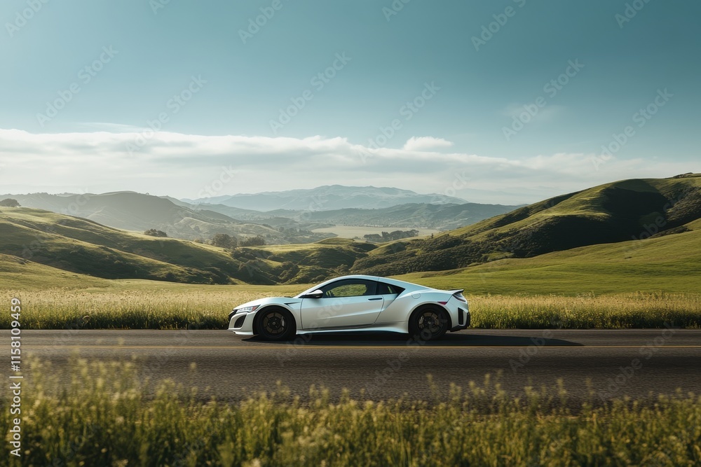 Fototapeta premium Silver sports car driving on a scenic road through rolling green hills under a clear blue sky.