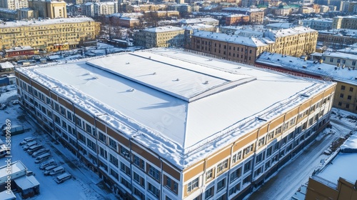 Snow-covered building rooftop; aerial view. Ideal for winter, real estate, or urban themes; showcases architectural details.