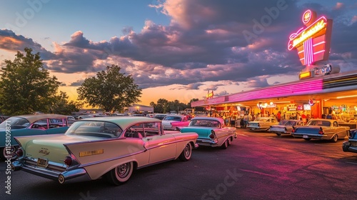 Sunset at the Retro Drive-In Diner: Classic Cars and Neon Lights