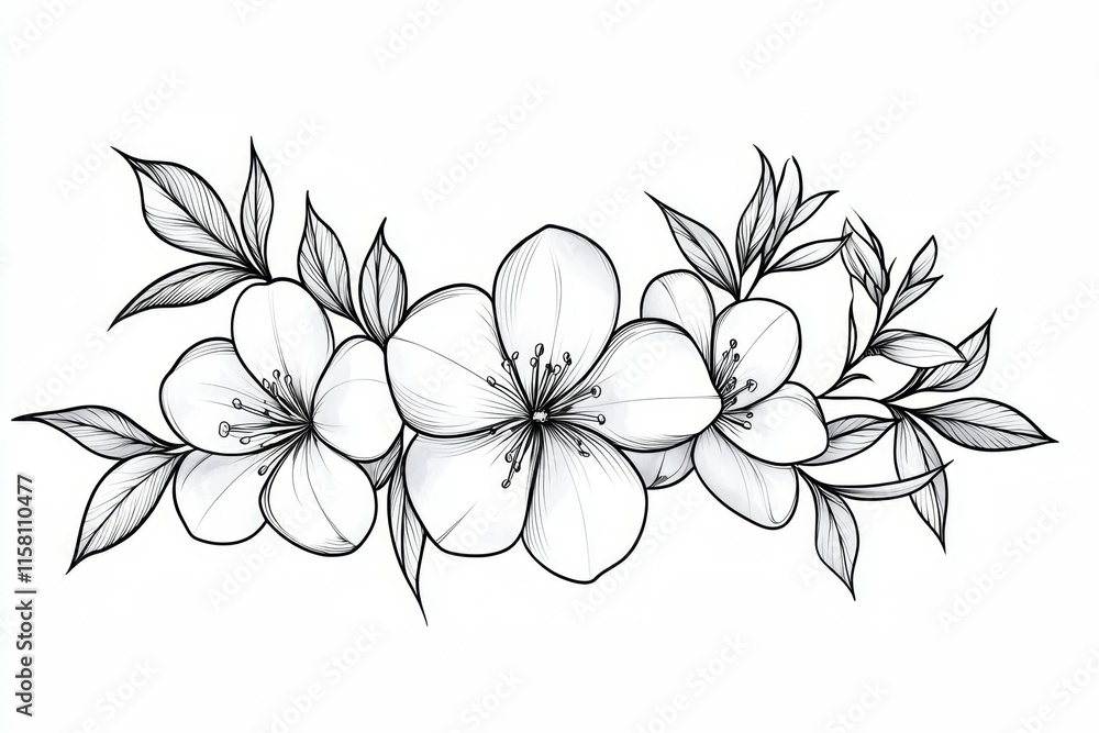 A black and white drawing of three flowers with leaves A black and white drawing of three flowers with leaves