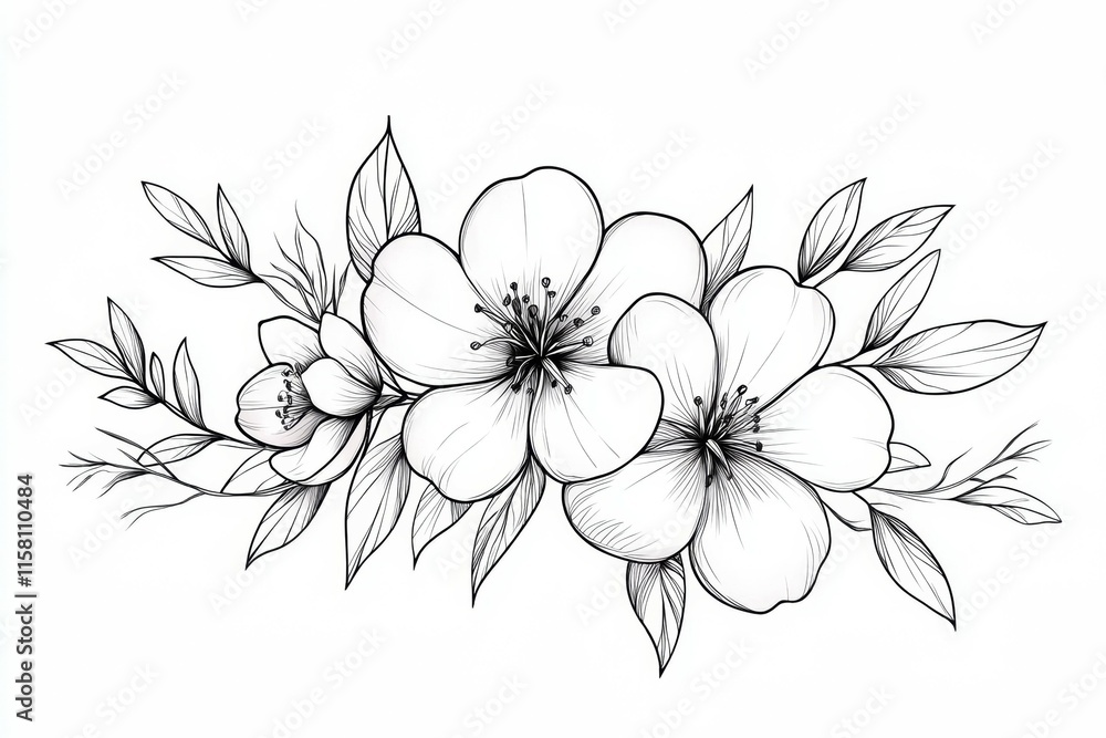 A black and white drawing of three flowers with leaves A black and white drawing of three flowers with leaves