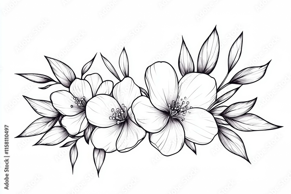 A black and white drawing of three flowers with leaves A black and white drawing of three flowers with leaves