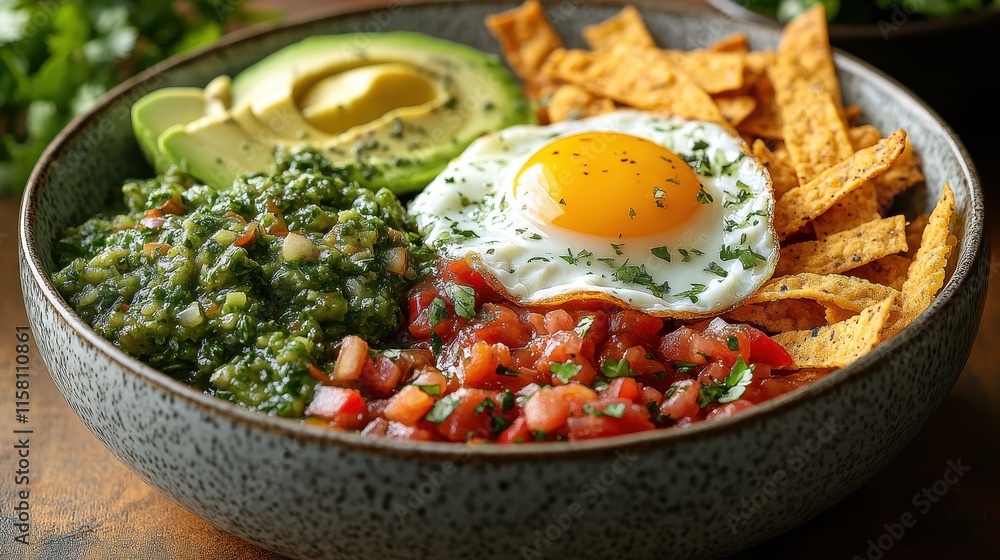 Huevos rancheros breakfast bowl with tortilla strips and salsa. Huevos rancheros breakfast bowl with tortilla strips and salsa.