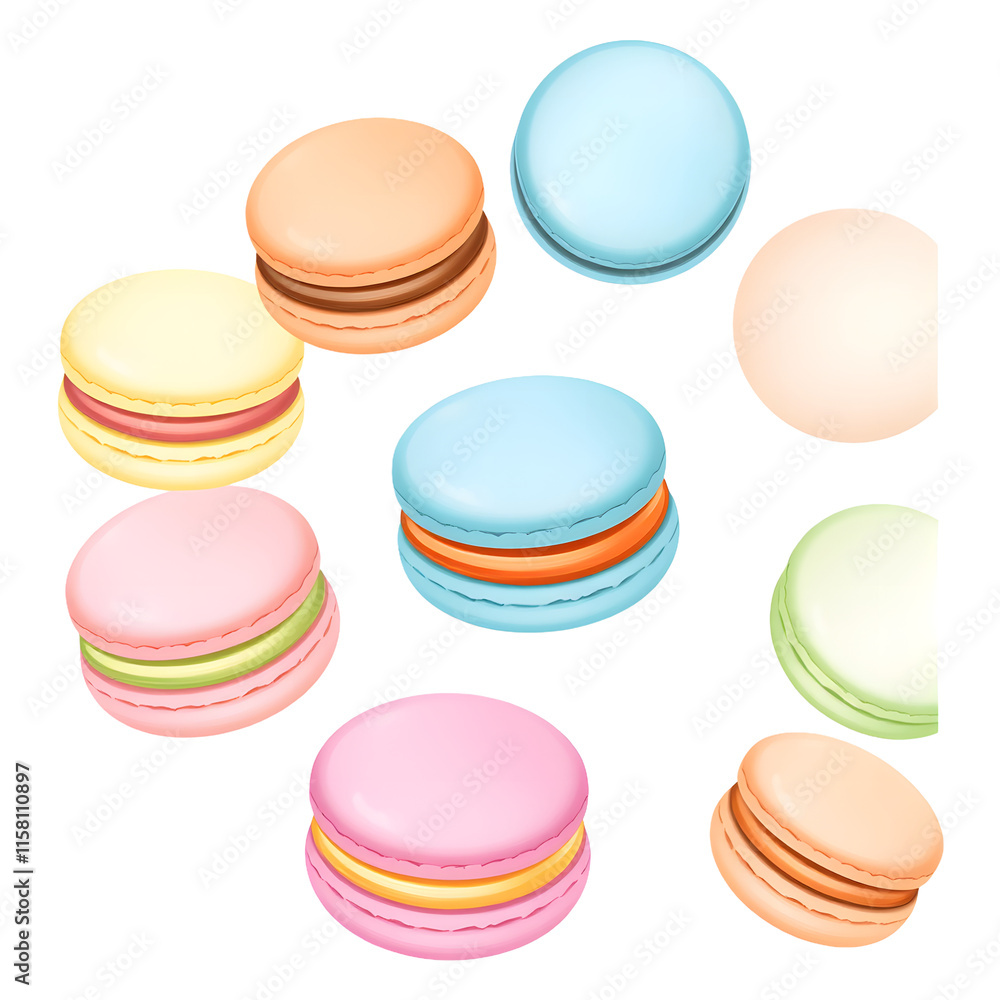 Illustration of A set of macarons in pastel colors, neatly arranged. png isolated background. transparent background. Illustration of A set of macarons in pastel colors, neatly arranged. png isolated background. transparent background.