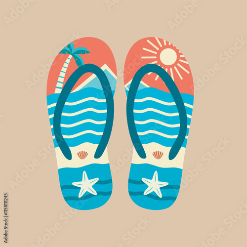 Colorful flip-flops featuring a tropical beach scene. This vibrant image showcases a pair of flip-flops decorated with a cheerful tropical beach scene