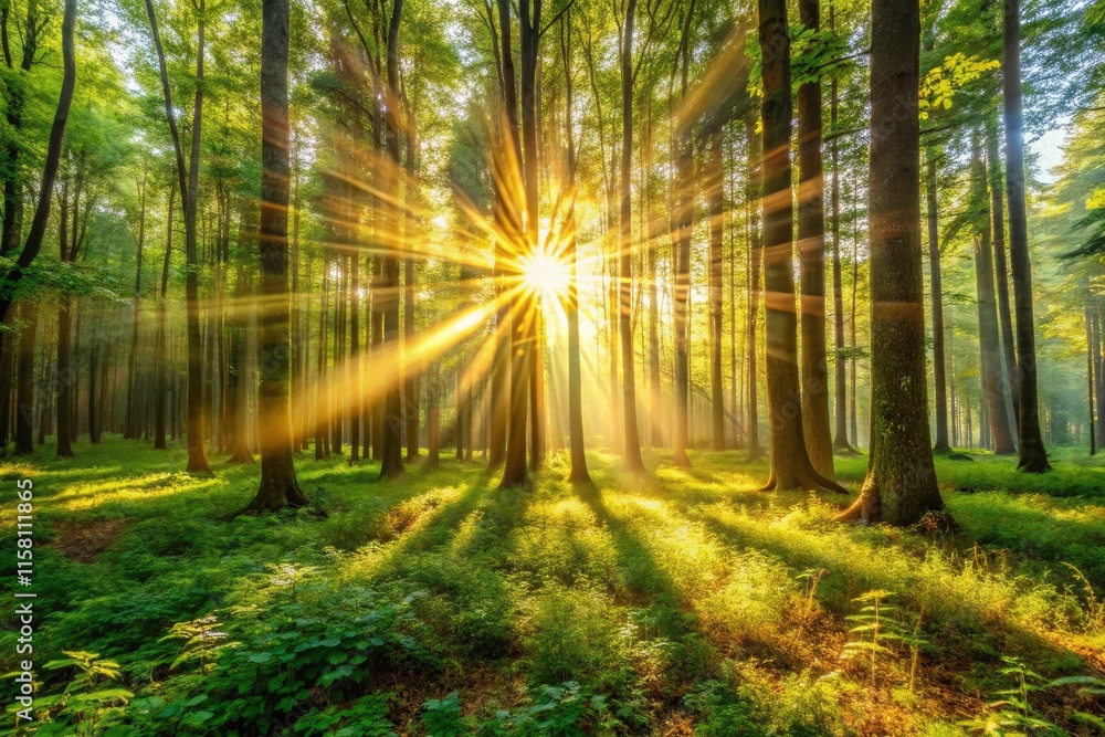 Obraz premium Sun Rays Forest Bokeh Summer Morning Photography - Magical Sunlight Beams in Woods