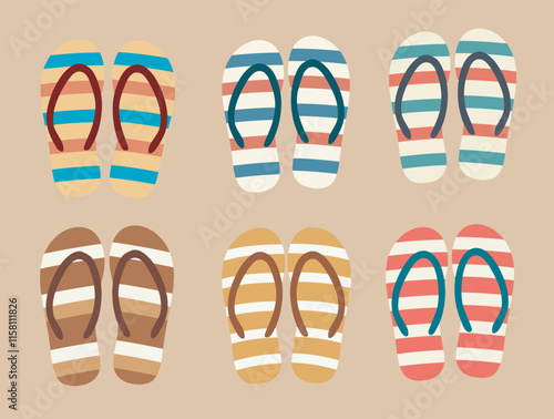 Colorful Striped Flip-Flops for a Summery Vibe. A cheerful collection of colorful striped flip-flops, perfect for showcasing a summery mood or a beach-themed design