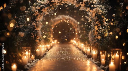 An elegant wedding scene featuring a white and gold floral arch, glittery confetti floating in the soft evening light, and a pathway lined with glowing candles.