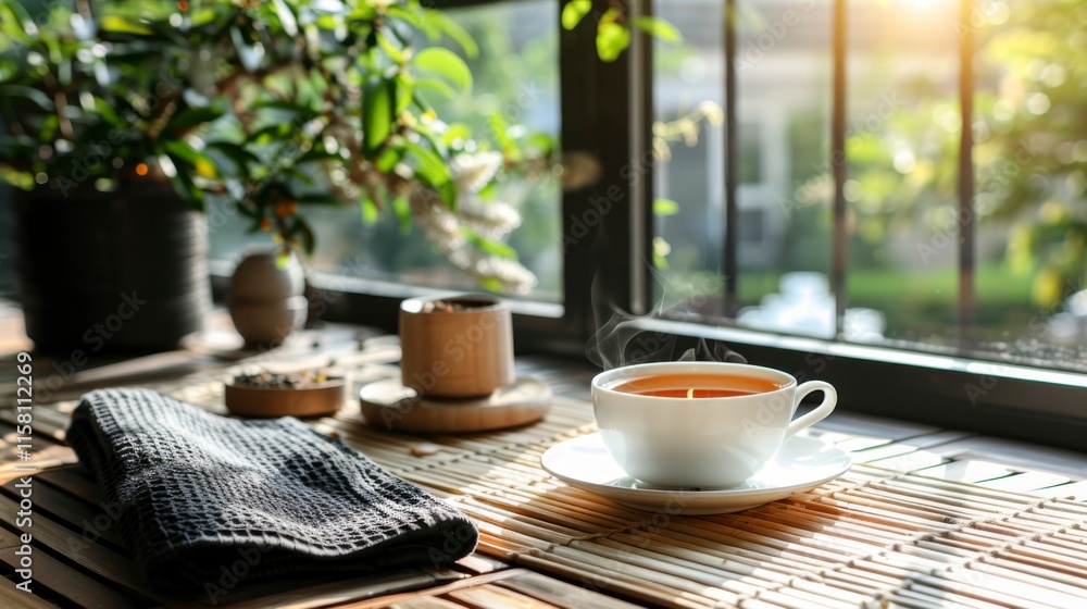 Cozy Morning Tea Enjoyment with Sunlight and Fresh Greenery Cozy Morning Tea Enjoyment with Sunlight and Fresh Greenery