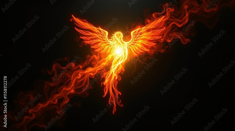 Fototapeta premium Fiery Phoenix Bird Soaring Through Dark Night Sky